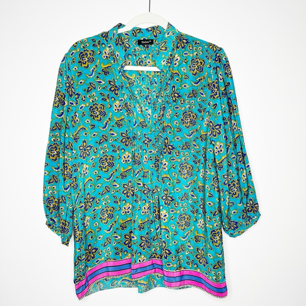 Tolani Pintuck Floral Silk Blouse Top Boho Teal Pink Yellow Small